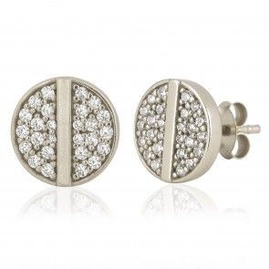 Mazali Jewellery Sterling Silver Stud Earrings with Round Pave Cubic Zirconia Disk and Single Central Line RHODIUM RHODIUM